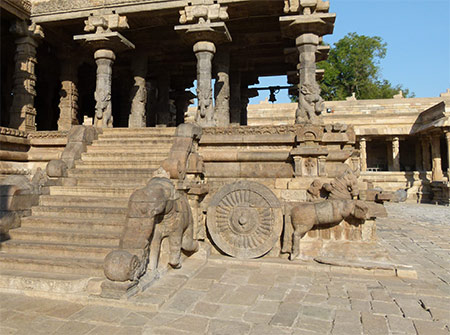 Chariot drawn by horse and a stairway flanked by elephants